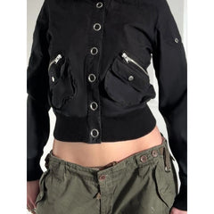 Black Hooded Cargo Snap Button Jacket with Pockets