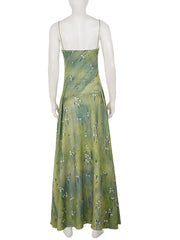 Green V-neck Print Satin Maxi Dress