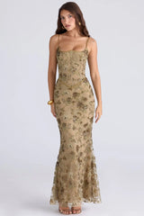 Sequin Embroidered Strap Lace Back Maxi Dress