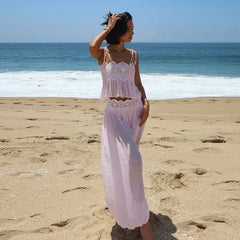 Lace Embroidered Square Neck Sheer Crop Top And Wide Pants Set
