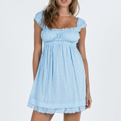 Jacquard Eyelet Ruffle Hem Babydoll Mini Dress
