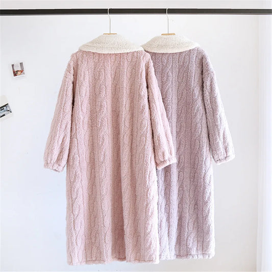 Fleece Bow Collar Long Nightgown Bathrobe