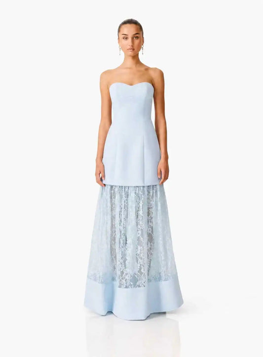 Strapless Smocked Lace Patchwork Maxi Gown