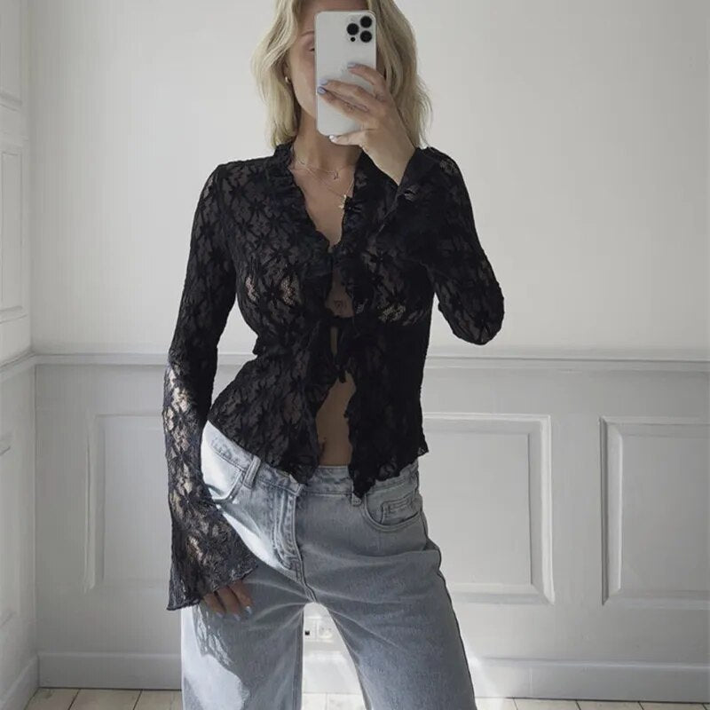 Lace Sheer Floral Flare Long Sleeve Front Tie Top