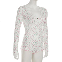 White Floral Print Long Sleeve Lace Trim Jumpsuit