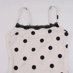 White Polka Dot Asymmetrical Ruffle Hem Spaghetti Strap Midi Dress