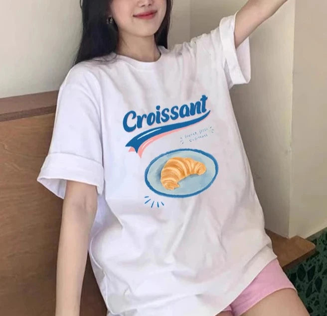 Croissant Print Short Sleeve O-Neck Cotton Y2k Oversized Tshirt