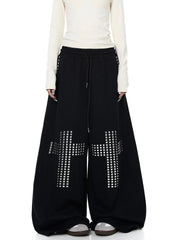 Black Rhinestone Cross Wide Leg Sweatpants