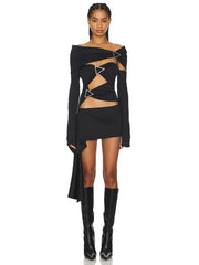 Black Cut Out Removable Off Shoulder Sleeves Mini Dress