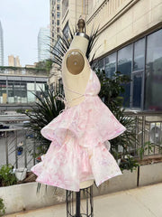 Pink Printed Deep V-Neck Spaghetti Strap Pleated Frill Mini Dress