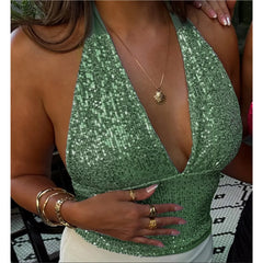 Sequin Deep V Neck Top