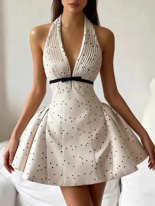 White Polka Dot Halter Bow Accent Waist Pleated Bodice Mini Dress