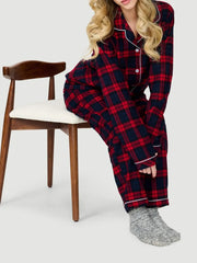 Plaid Print Long Sleeve Button Down Tops And Elastic Waist Pants Christmas Pajama Set