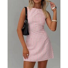 Striped Print Sleeveless Boat Neck Mini Dress