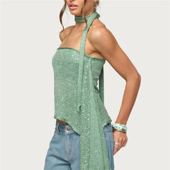 Sequin Knit Tube Top with Long Neck Scarf