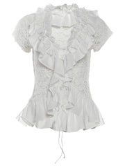 White Lace Ruffle Tie Up Short Sleeve Top