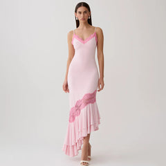 Lace Trim Ruffle Mermaid Hem Cami Midi Dress