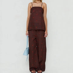 Polka Dot Split Back Cami Top with Drawstring High Waist Wide-Leg Pants Set