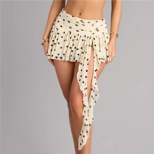 White Polka Dot Ruffle Side Slit Mini Skirt