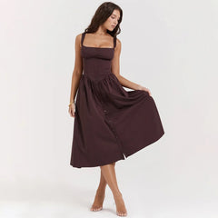 Brown Buttoned Strap Midi Dress - Free From Label