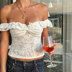 Ruffle Trim Off-Shoulder Sheer Blouse