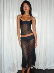 Black Mesh Polka Dot Halter Tank Top And Midi Skirt Set