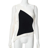 Black and White Patchwork Asymmetrical Lace Up One Shoulder Top