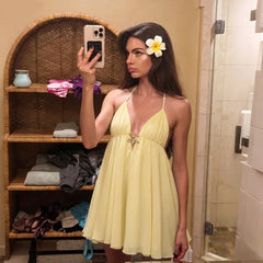 Metal-Embellished Strappy V-Neck A-line Mini Dress
