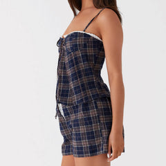 Plaid Lace Trim Cami Top with Shorts Pajama Set