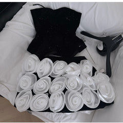 Black Strapless Top And 3D Rose Mini Skirt  Set