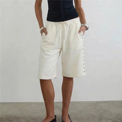 Drawstring Side Snap Button Knee Length Bermuda Shorts