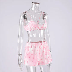 Pink Plaid Bow Three Piece Shirt Bralette And Shorts Pajama Set