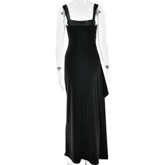 Square Neck Strap Thigh High Split Draped Long Dress