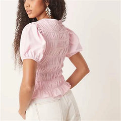 Pink Smocked Puff Sleeve Top