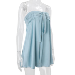 Blue Stain Strapless Tie Up Mini Dress