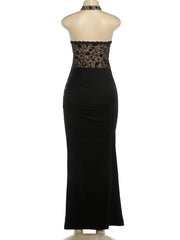 Sequin Hollow Stand Collar Satin Patchwork Maxi Dress