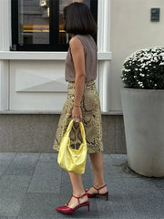 Snakeskin Printed High Waist Midi Skirt