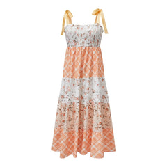 Strappy Tie-Up Smocked Printed Patchwork Maxi Dress