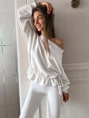 Off Shoulder Drawstring Hem Sweatshirt