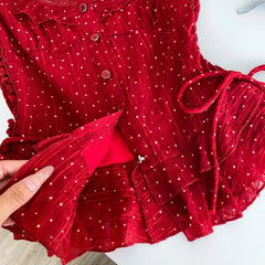 Red Polka Dot Lace Up Ruffle Sleeve Corset Top
