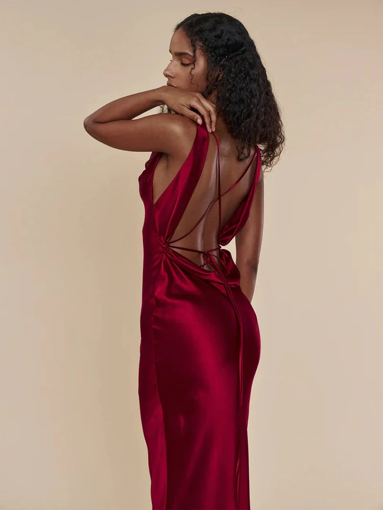 Satin Backless Tie Up Maxi Dress - Free From Label