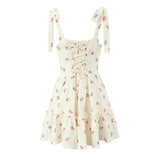 Beige Strawberry Print Tie Strap Mini Dress