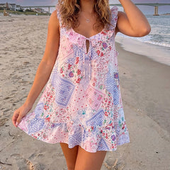 Floral Babydoll Ruffle Trim Sleeveless Mini Dress