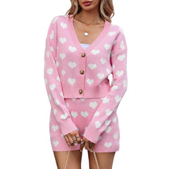 Love Heart Pattern Button Up Crop Knit Cardigans and High Waist Shorts