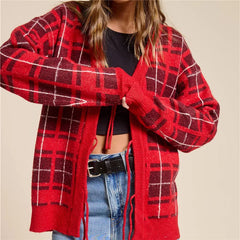 Red Plaid Lace Up Knit Cardigan