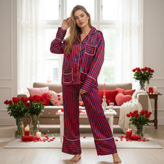 Striped Satin Button Down Long Sleeve Top and Pants Loungewear Set