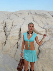 Blue Waist Cut Out Ring Detail Mini Dress