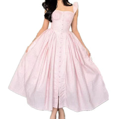 Pink Plaid Button Puff Sleeve Midi Dress