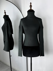Ribbed Knit Turtleneck Cutout Shoulder  Vest Long-Sleeved Shawl 2-Piece Set Top