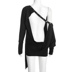 Off-Shoulder Backless Long-Sleeve Rivet Trim Mini Dress
